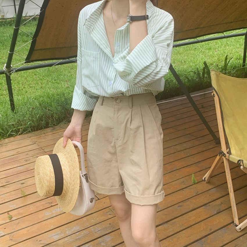 Áo sơ mi nữ tay dài họa tiết kẻ sọc thiết kế phong cách Retro Hàn Quốc trẻ trung dành cho nữ – kemi