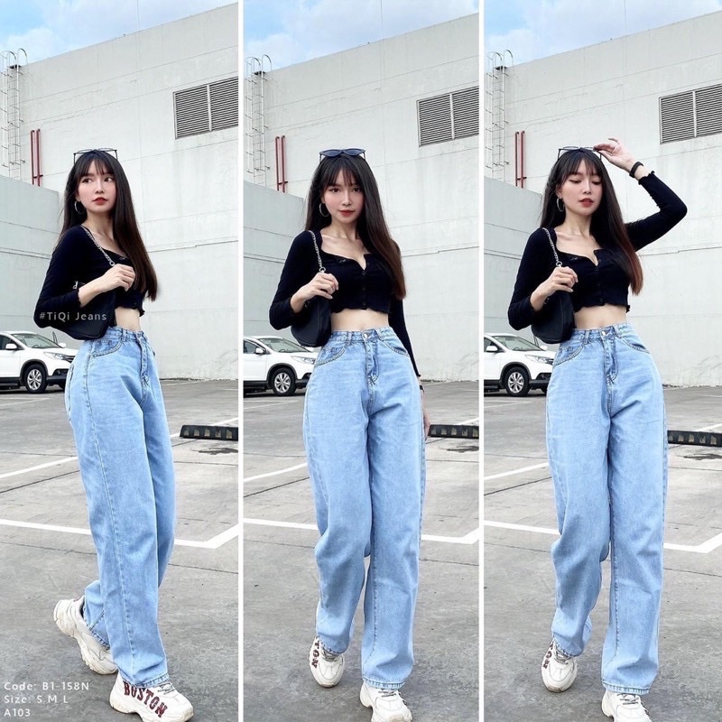Quần bò nữ ống rộng dáng trơn lưng cao, quần ống suông xanh đậm - xanh nhạt - đen size S M L