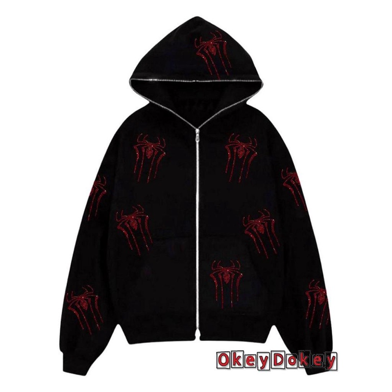 Áo Khoác Tay Dài Có Mũ Trùm Đầu In Họa Tiết Nhện / Đầu Lâu Đính Đá Có Khóa Kéo