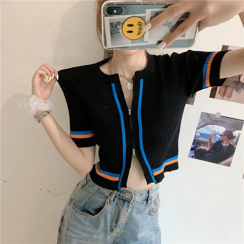 Áo Cardigan Dệt Kim Tay Ngắn Cổ Tròn Kẻ Sọc Phối Khóa Kéo Hai Chiều Thời Trang Mùa Hè Cho Nữ
