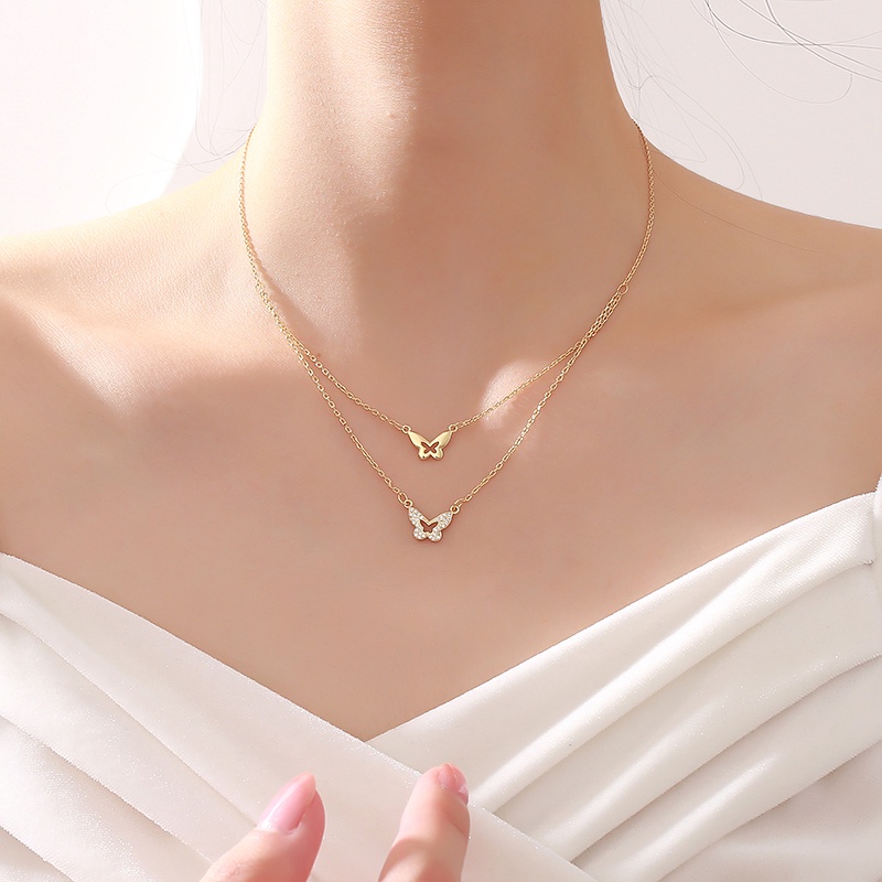 Dây Chuyền Hai Lớp Mặt Hình Bươm Bướm Dát Đá Zircon Thanh Lịch Sang Trọng Hợp Thời Trang Cho Nữ