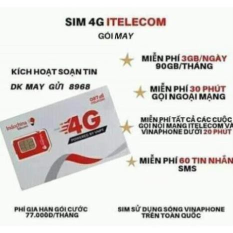 Sim 4G -79k chọn số  ( Vinaphone-Itelecom) gói 4G có 90gb/tháng (3gb/ngày )+ free gọi vinaphone, phí 77k/tháng