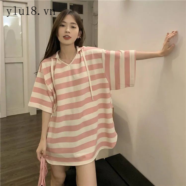 Áo Thun Có Mũ Trùm Tay Ngắn Dáng Rộng Kẻ Sọc Thời Trang Mùa Hè Phong Cách Hàn Quốc Mới Cho Nữ 2022