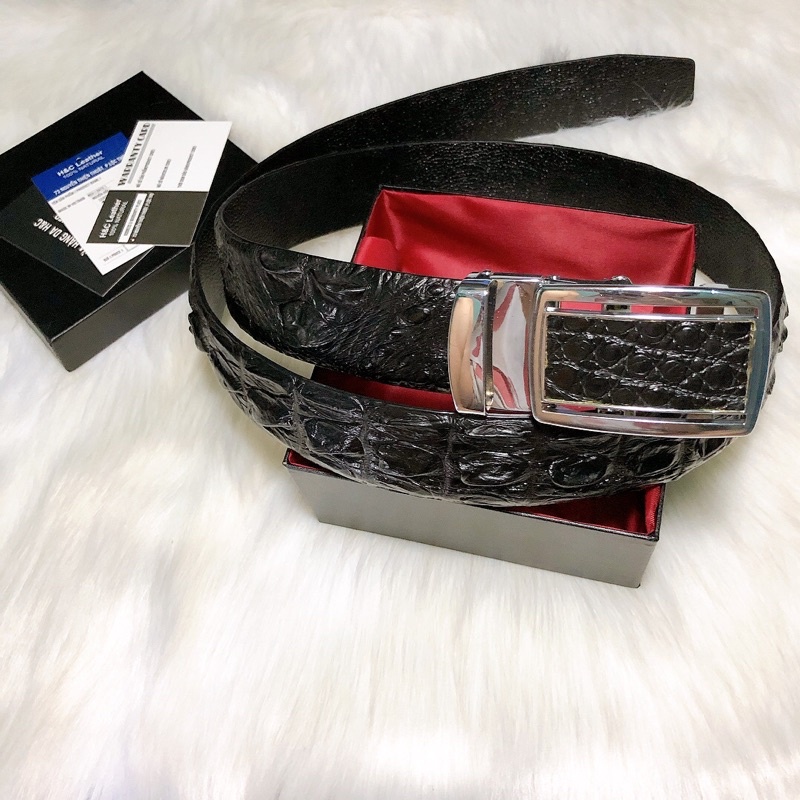 Dây thắt lưng da cá sấu thật, 3.8 cm, màu đen, da lưng cá sấu, đầu nịt tự động