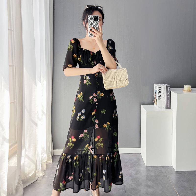Đầm chiffon Đuôi Cá Dài Đuôi Cá Cổ Vuông Tay Ngắn In Họa Tiết Cổ Điển Thời Trang Mùa Hè Hàng Mới 2022 Dành Cho Bạn Nữ