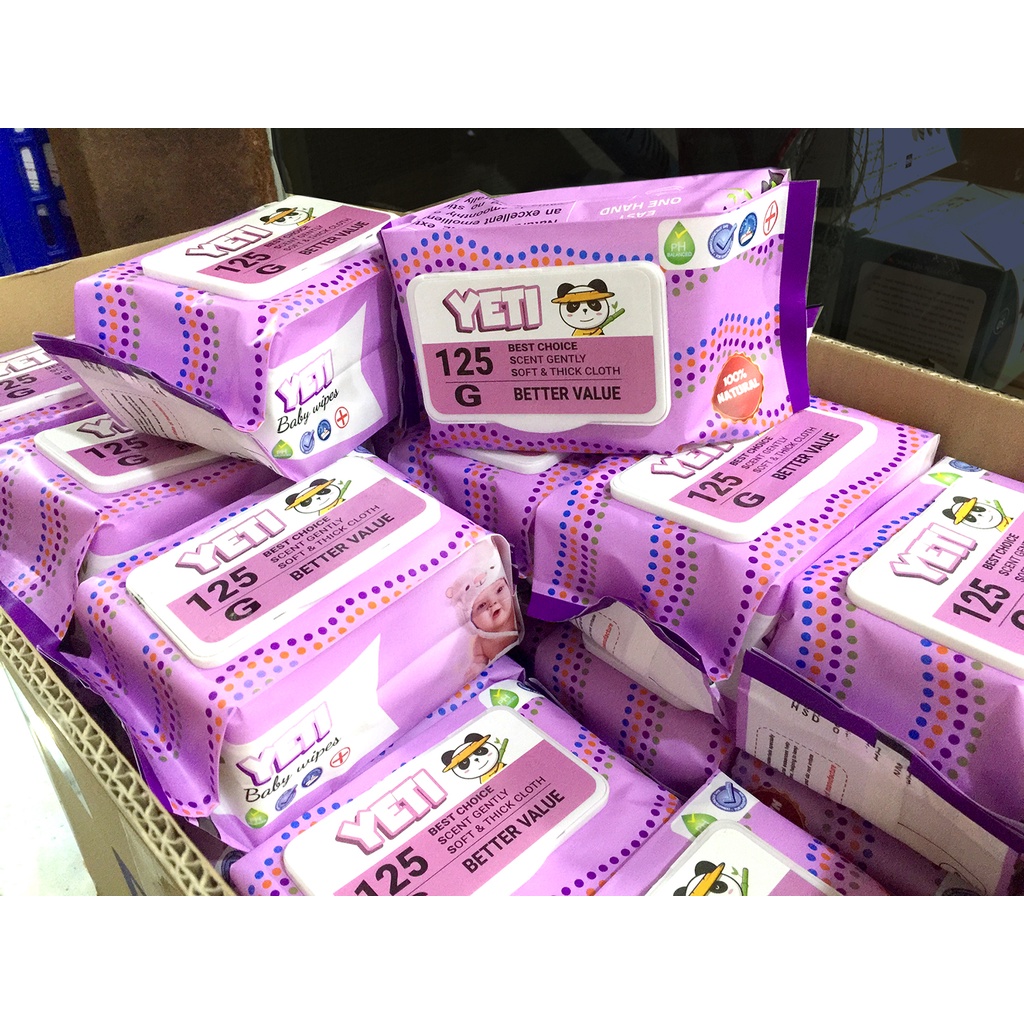 Thùng 30 gói Khăn ướt YETI 125 Màu Tím, Không mùi, Hàng xuất khẩu