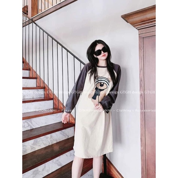 Váy thu đông dài tay chất thun cotton đầm suông in hình chú gấu màu đen be xanh