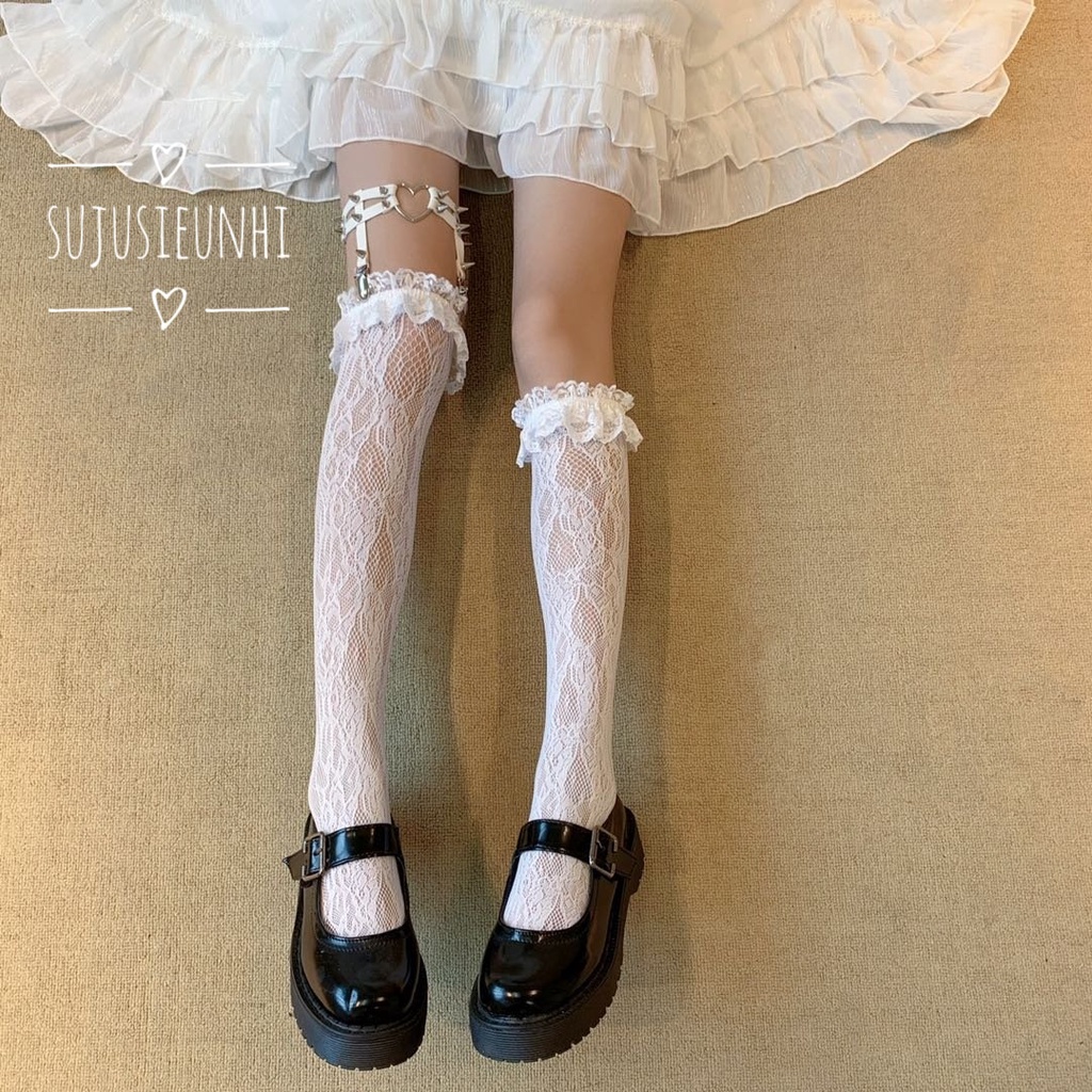 (2 màu-3chiều dài) Tất/vớ (bắp,đầu gối,đùi) ren hoa bèo nhún phong cách lolita dễ thương