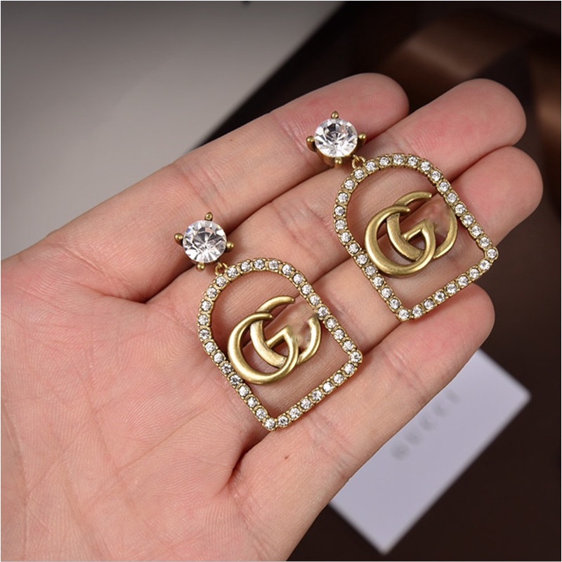 Bông tai nữ thương hiệu GG mạ vàng dáng thả dài mặt đính đá TB423 TOBI STORE