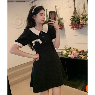 Váy đầm cổ polo đính nơ ngực dáng xòe cực chảnh phong cách Hàn Quốc