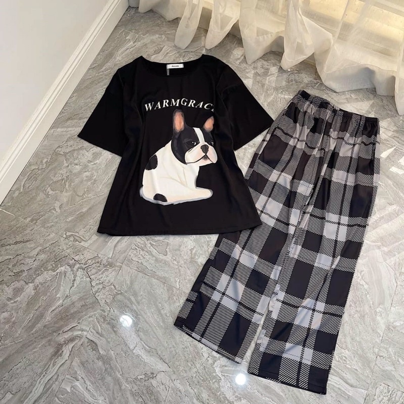 Bộ ngủ lụa mặc nhà cổ tròn dog đốm đen hãng warm lụa satin cao cấp quảng châu HH02.