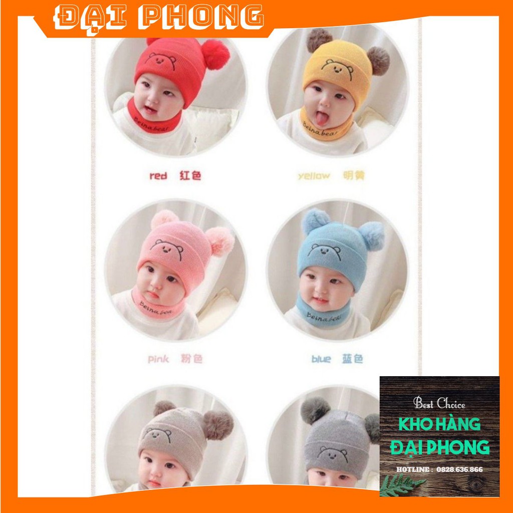 SET MŨ LEN KÈM KHĂN 2 QUẢ BÔNG CHO BÉ