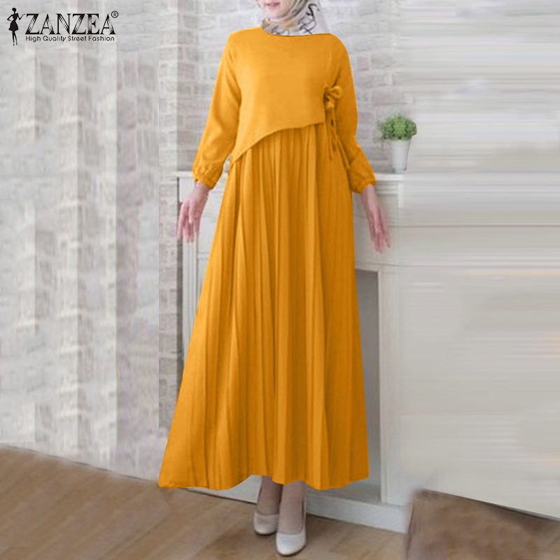 Đầm ZANZEA dáng chữ A cổ tròn xếp ly hai lớp eo thắt dây màu trơn cho phụ nữ phong cách Hồi Giáo