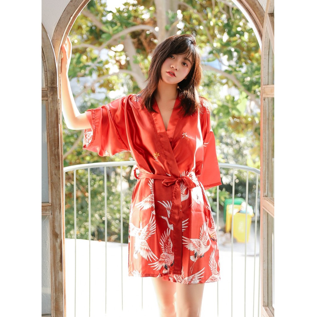 Áo Choàng Ngủ Phi Bóng Kiểu Kimono In Hình Chim Hạc Sang Trọng🌵 | WebRaoVat - webraovat.net.vn