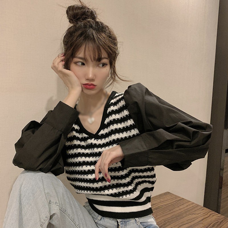 Áo Sweater Dài Tay Cổ Chữ V Kẻ Sọc Xinh Xắn Dành Cho Nữ