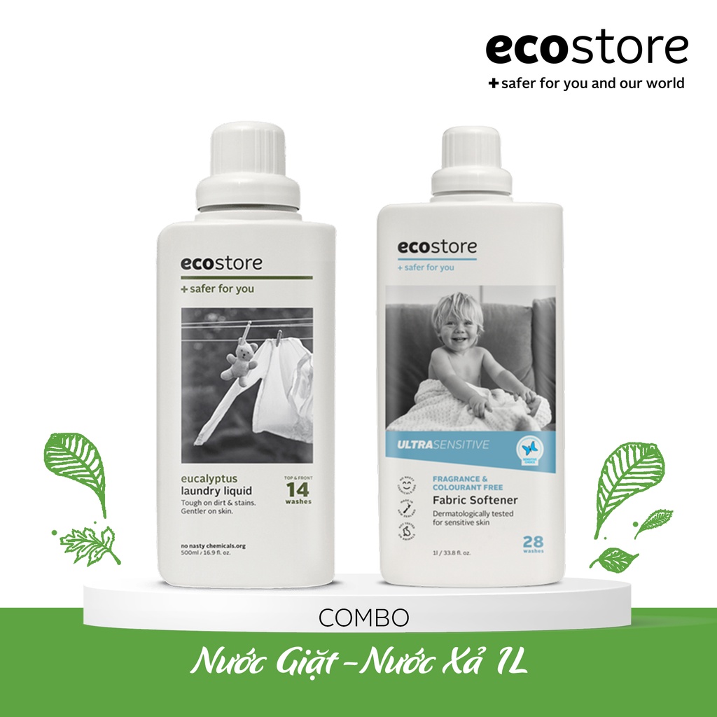 Ecostore Combo nước giặt hương bạch đàn 1L+ Nước xả vải cho da nhạy cảm 1L