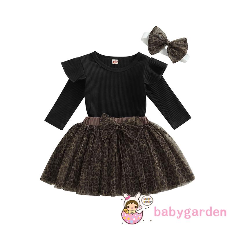 Set Đồ 3 Món Gồm Áo Liền Quần Tay Dài Dệt Kim Màu Trơn + Chân Váy Lưới + Băng Đô Họa Tiết Da Báo Dành Cho Bé Gái 0-18 Tháng Tuổi