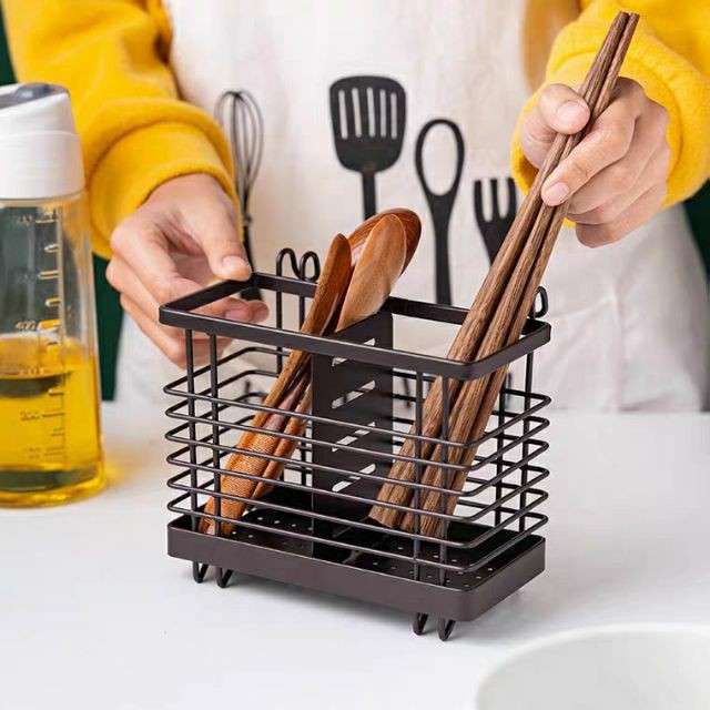 [Sỉ] Dụng cụ Ống kệ cắm đựng đũa thìa 2 ngăn thép sơn tĩnh điện có móc treo đẹp cao cấp