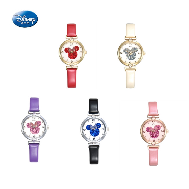 Minnie Mouse Luxury Bling Crystal Leather Quartz Đồng hồ nữ Beautiful Bow Little Disney Watch Chống nước