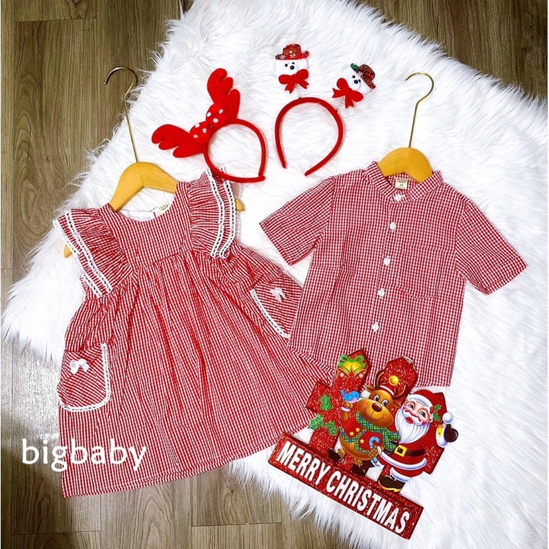 Set đôi đầm và áo sơ mi họa tiết caro đỏ cho bé trai bé gái _ Hàng thiết kế đẹp, form chuẩn _ Bigbaby Shop