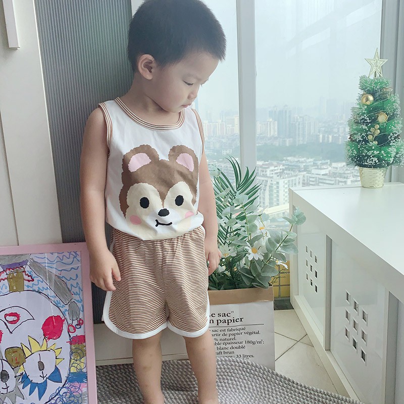 Bộ Áo Thun Sát Nách + Quần Short In Hình Động Vật Cho Bé