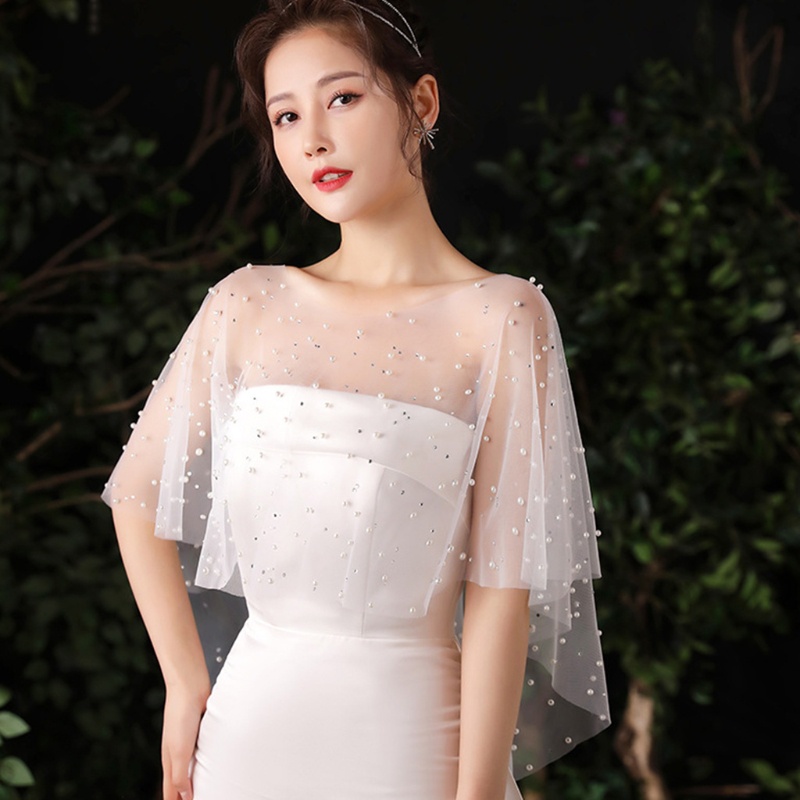 Khăn Choàng Vải Tuyn Xếp Ly Đính Hạt Ngọc Trai Màu Trắng Phong Cách Vintage Dành Cho Nữ
