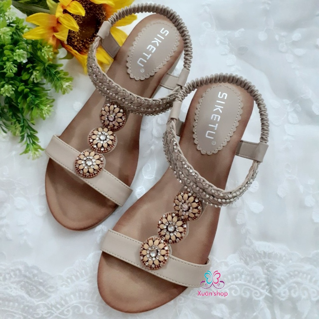 Sandal đế xuồng 5cm Siketu, quai ngang đính hạt xinh xắn (size 36-40)