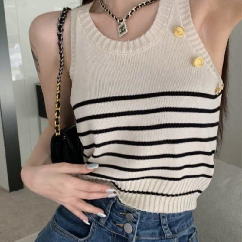 Áo len RENJIANVSHENG 182948 không tay kẻ sọc ngang phong cách retro ôm dáng thời trang cho nữ