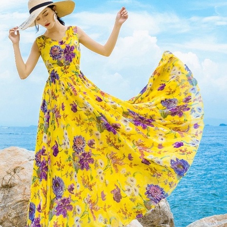 Váy Đi Biển, Đầm Maxi Nữ Dáng Xòe Cổ V Họa Tiết 2 Lớp Chất Voan Lụa Cao Cấp.