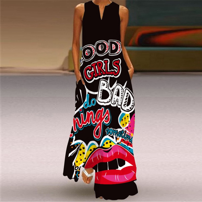 Plus Đầm Maxi Sát Nách Cổ Chữ V In Họa Tiết Vintage Thời Trang Mùa Hè Cho Nữ Cỡ 5XL