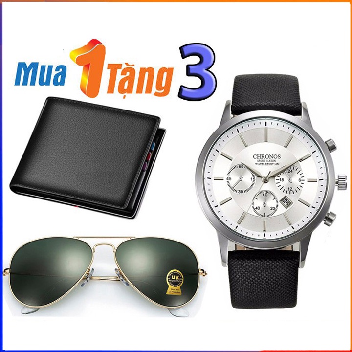 Đồng hồ nam thời trang tặng ví da, kính mắt chống tia cực tím
