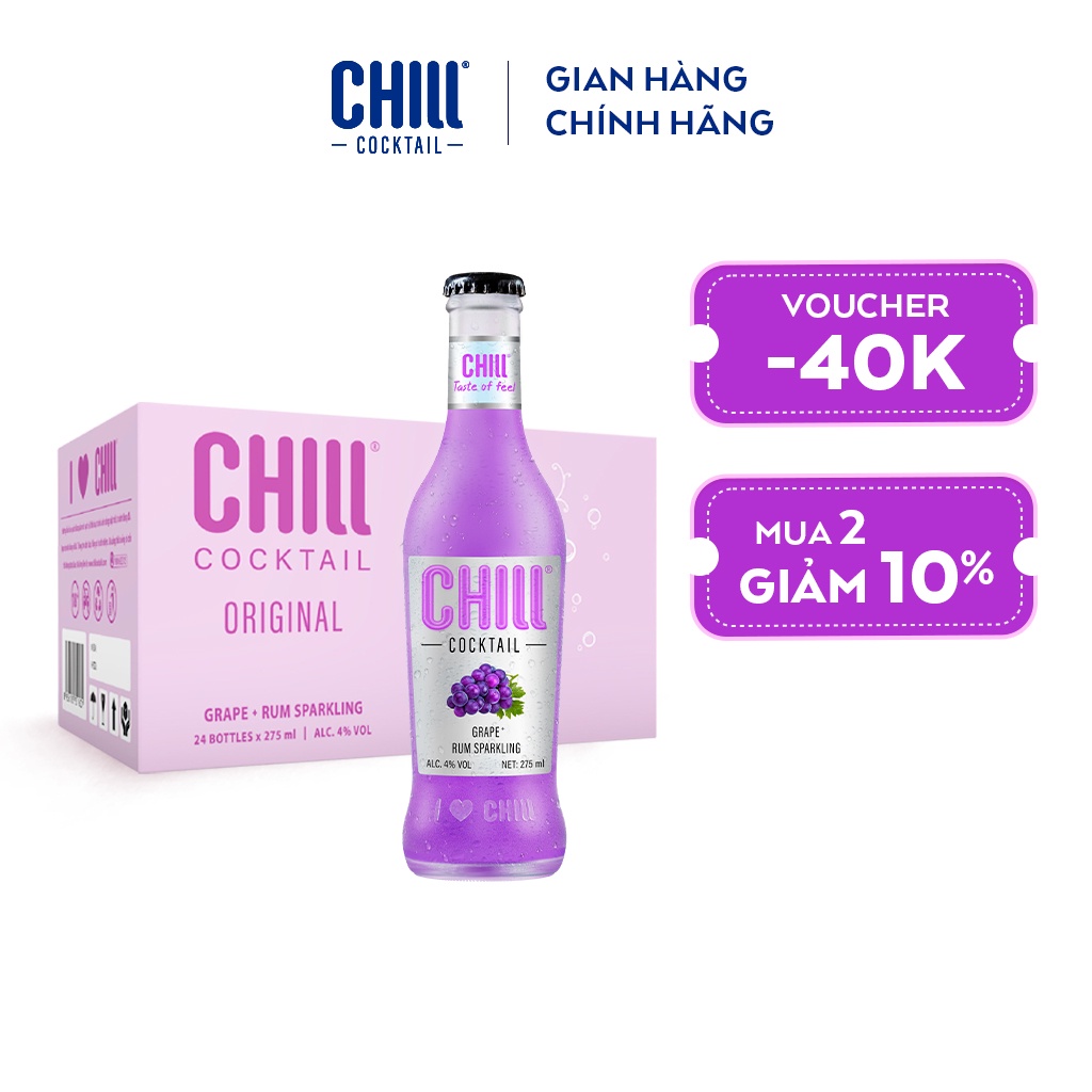 Thùng 24 chai Chill Cocktail vị Grape Rum Sparkling 275ml/chai