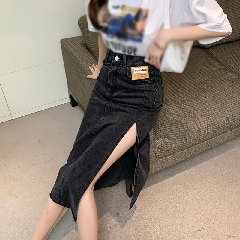 Chân Váy Jean Lưng Cao Màu Trơn Phong Cách Hàn Quốc Retro Cho Nữ