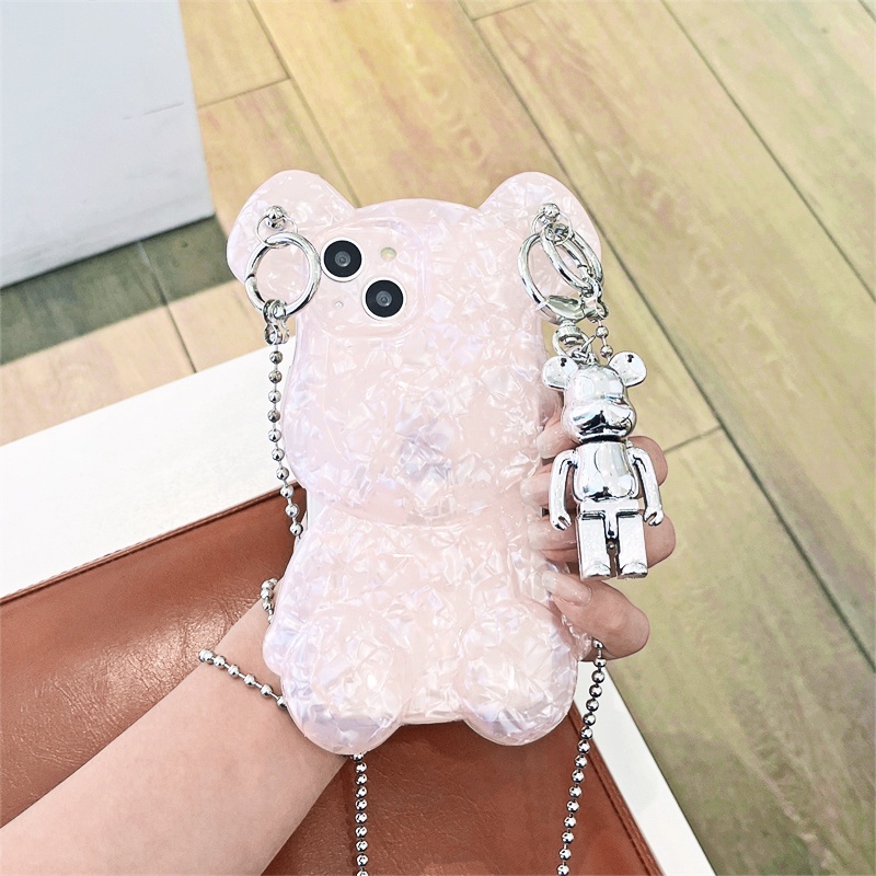 Ốp Điện Thoại In Hình Gấu 3D Kèm Dây Xích Đeo Chéo Cho iPhone 11 12 13 Pro max 14 Plus 13 Pro