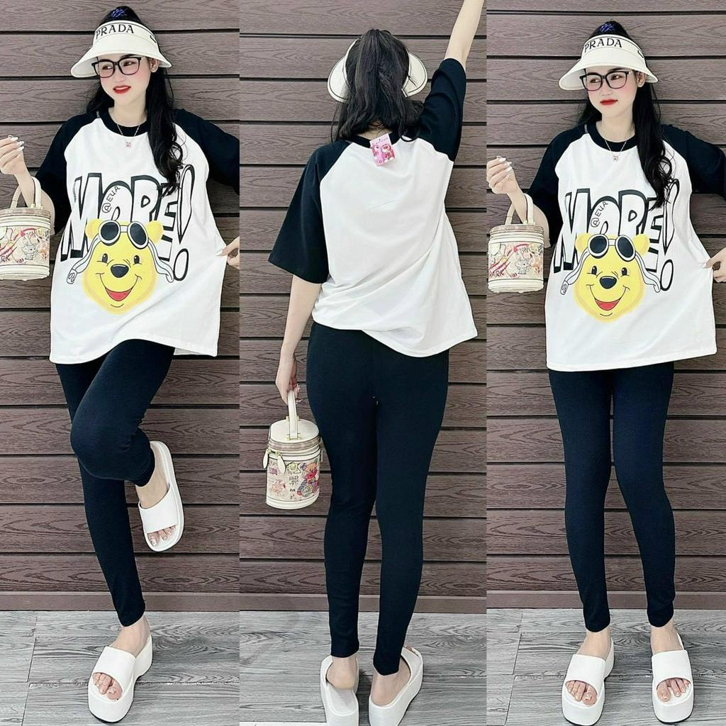 Sét Bộ Aó Thun From Rộng In Gấu Tay Phối Kèm Quần Legging Ôm Co Dãn Mặc Thoải Mái Năng Động