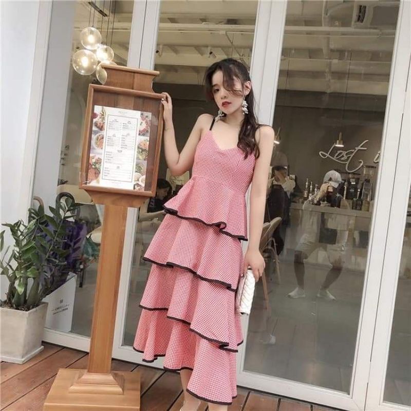 đầm tầng hai dây sọc ca rô viền đen xinh xắn , chất liệu kate mềm mịn in sọc caro nhỏ dễ thương , free size 41kg-54kg