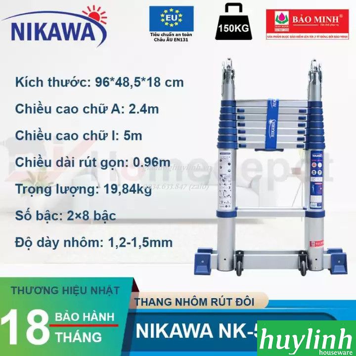 Freeship Thang nhôm rút đôi chữ A Nikawa NK-50AI PRI - 5 mét - Có bánh xe