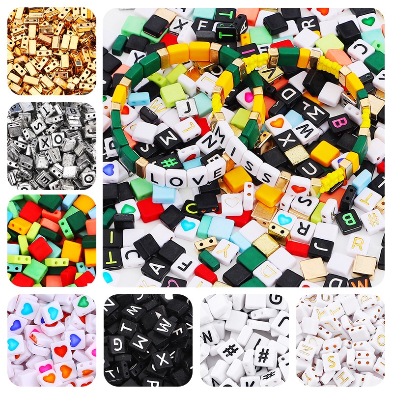 50-100 Hạt xỏ lỗ đôi bằng nhựa acrylic hình vuông in chữ làm trang sức thủ công