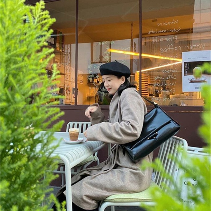 Túi đeo vai IELGY da PU mềm mại cỡ lớn màu đen phong cách Hàn Quốc thời trang dành cho nữ