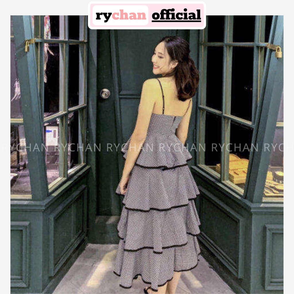 DM810 - Đầm Maxi Caro Hai Dây 4 Tầng Đi Du Lịch Biển