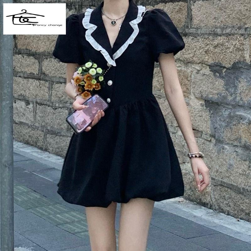 Đầm Ngắn Tay Phồng Màu Đen Phong Cách Pháp Cổ Điển Thời Trang Mùa Xuân Cho Nữ 2022