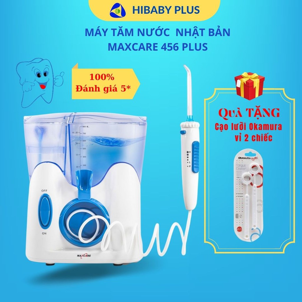 Máy tăm nước siêu âm Nhật Bản Maxcare 456Plus / 456S, vệ sinh răng miệng giúp răng chắc khỏe - Tặng cạo lưỡi Okamura