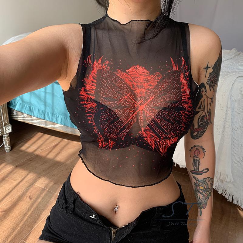 Áo Lưới Không Tay Cổ Tròn In Họa Tiết Bướm Vintage Dành Cho Nữ CY03-