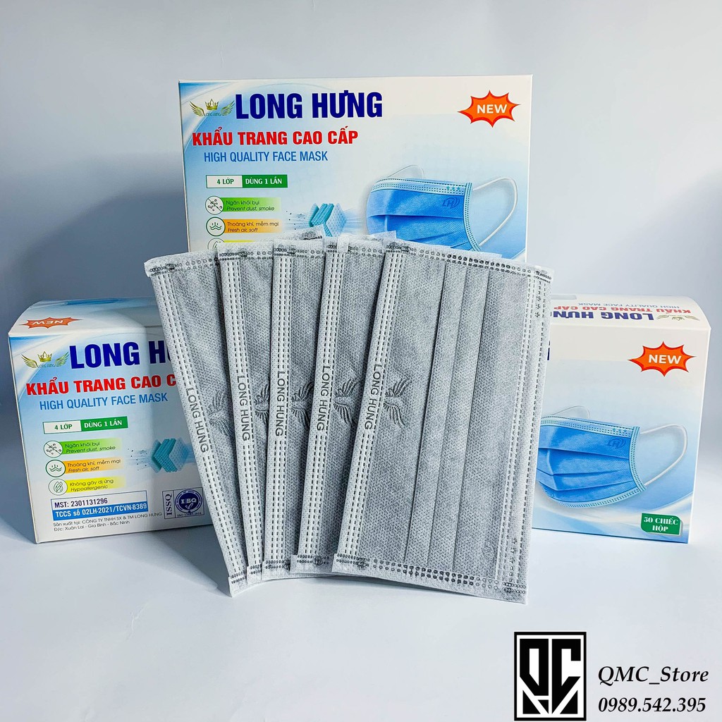 Khẩu trang y tế,Khẩu trang Long Hưng 4 lớp, màu xám, hàng chính hãng, hộp 50c &lt; GIÁ SỐC&gt; #QMC