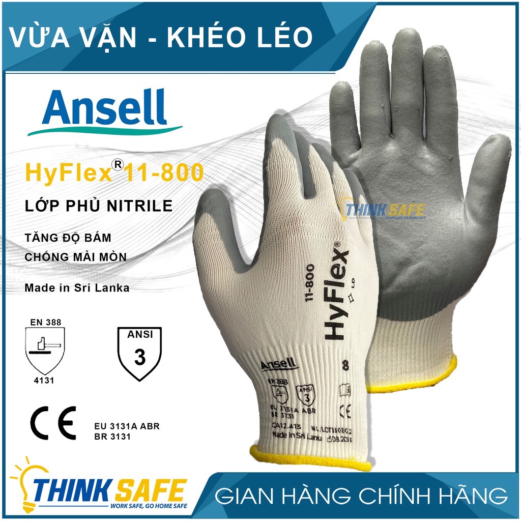 Găng tay đa dụng Hyflex ANSELL 11-800  phủ Nitrile dầy, ôm khít tay, chống bám dầu mỡ (trắng xám) - Thinksafe