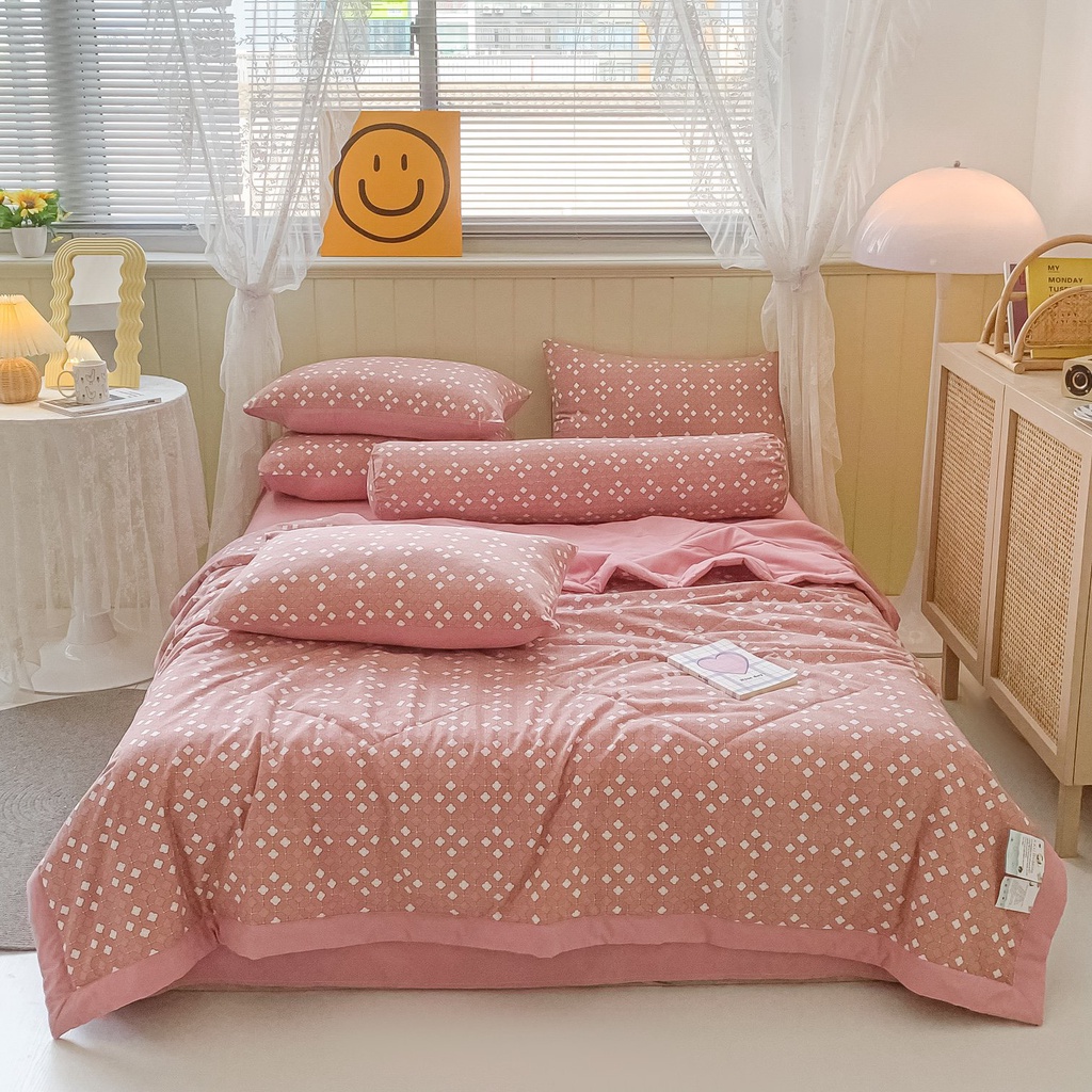 Bộ chăn ga gối Cotton Đũi 5 món kẻ caro phong cách Hàn Quốc, chăn chần nhập khẩu cao cấp miễn phí bo chun drap ga giường