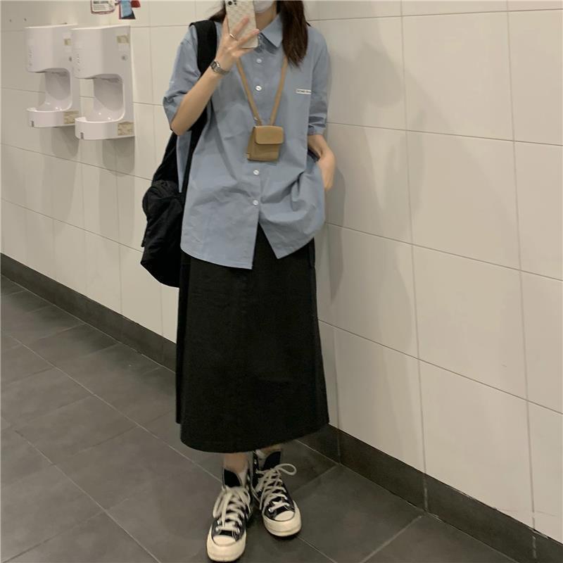Áo sơ mi ngắn tay dáng rộng mùa hè phong cách Hồng Kông thời trang cho nam nữ LKkb