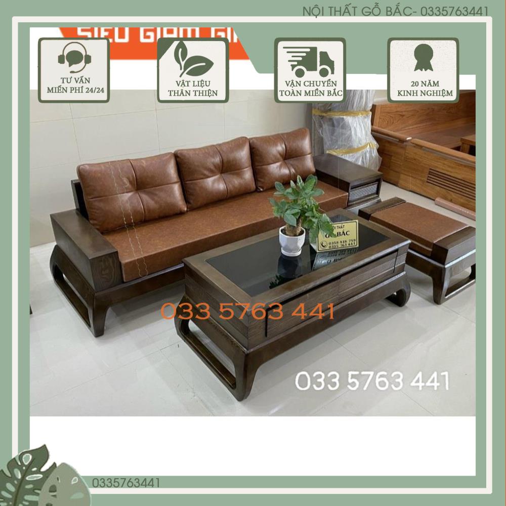 Bàn ghế gỗ phòng khách 3 món gỗ sồi nga 100% - sofa mini ghế dài 2m3 kèm bàn trà sofa và đôn