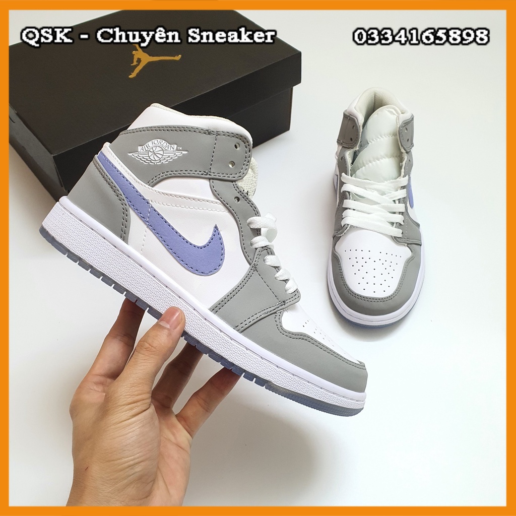 Giày Jordan 1 Mid Wolf Grey Xám Xanh Cao Cấp Fullbox, Giày thể thao jordan 1 cổ cao wolf grey xám xanh, da nhăn cực đẹp