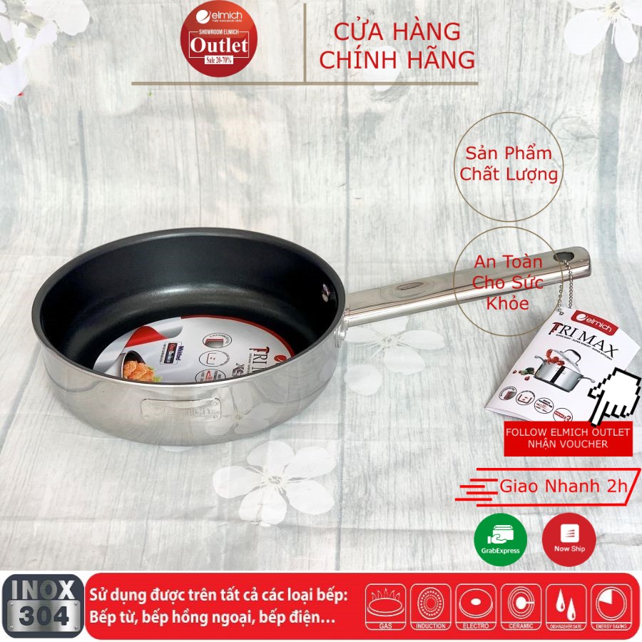 Chảo  Xào,Rán Inox 304 2 lớp Đáy Liền  Chống Dính ELMICH TrimaxXS 3751 20cm/3752 24cm/3753 26cm/3754 28cm